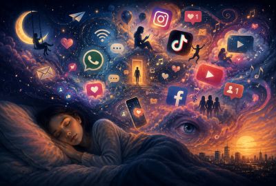 Sogni digitali con social network, notifiche e simboli onirici in un paesaggio surreale notturno